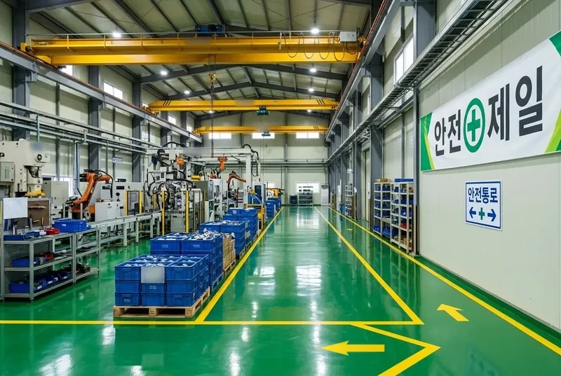 安全通路と設備区域が分かれた工場フロアの全景