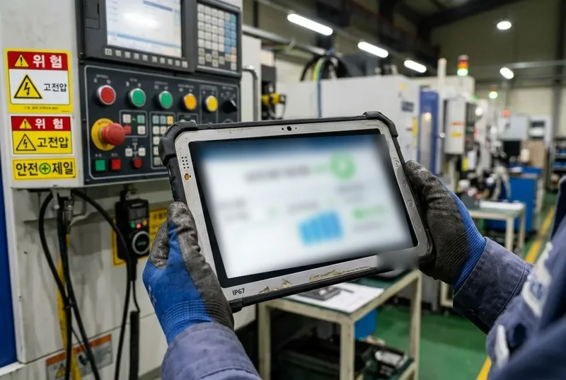 設備制御盤の前で作業者が現場タブレットで設備稼働状況を確認する様子